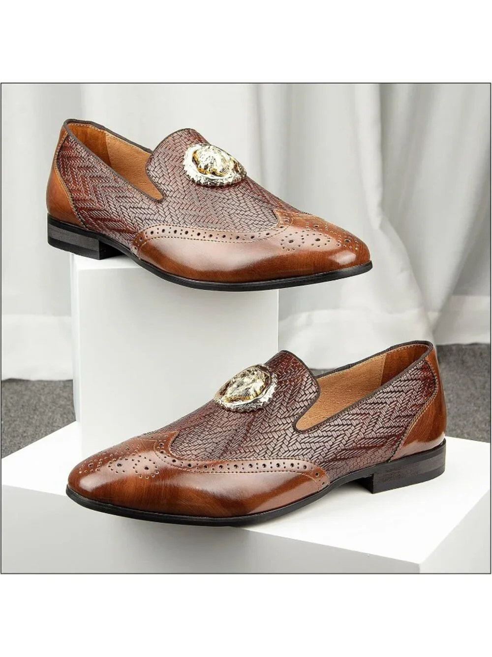 JITAI Men's Brown02 Rubber Loafer Metal Lion Head Buckle Comfortable Party Shoes